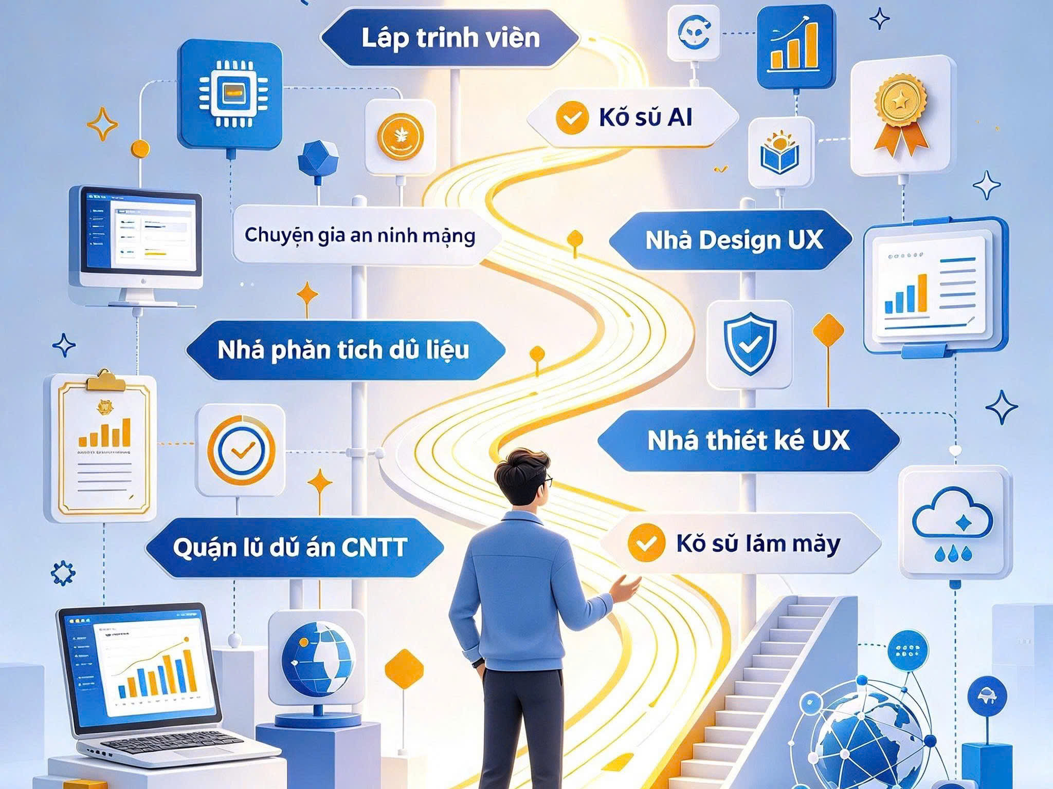 Sự phát triển của chuyển đổi số tạo ra nhu cầu ứng dụng công nghệ trong nhiều lĩnh vực. Vì vậy, người học Công nghệ thông tin có thể lựa chọn nhiều hướng nghề nghiệp tùy theo chuyên môn đã tích lũy.