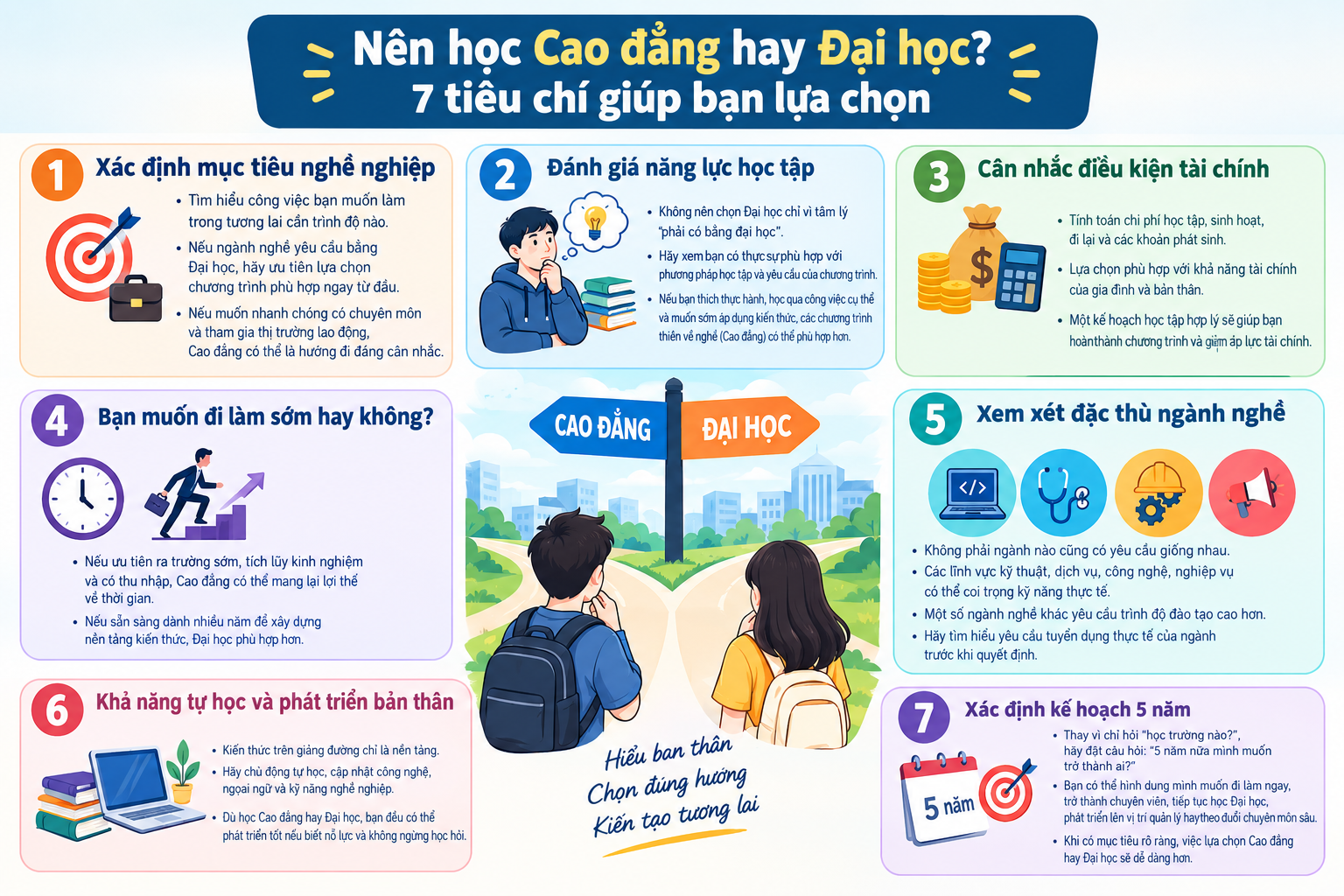 7 tiêu chí quan trọng giúp học sinh cân nhắc nên học Cao đẳng hay Đại học dựa trên mục tiêu nghề nghiệp, năng lực, tài chính và định hướng tương lai.