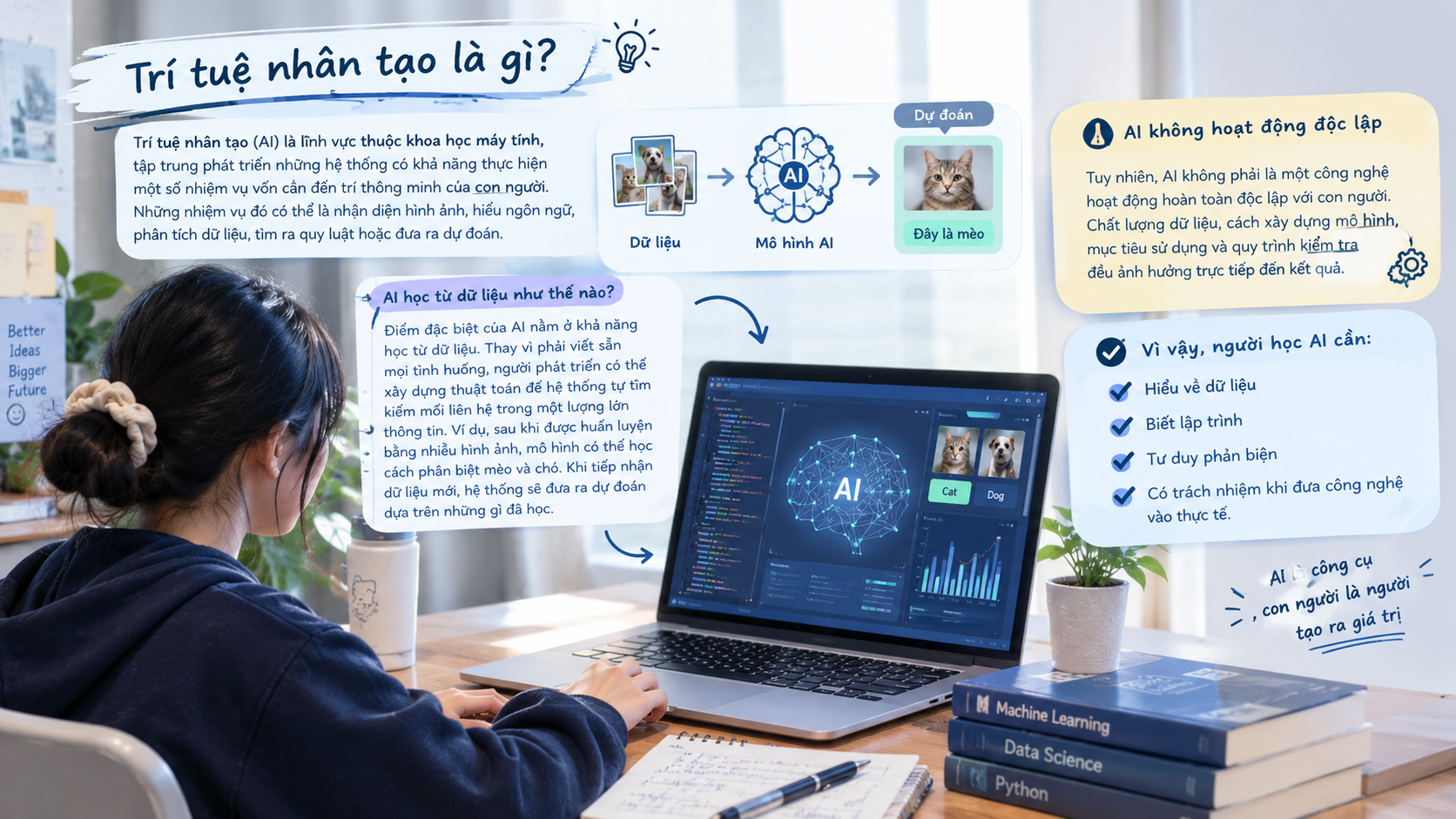 Trí tuệ nhân tạo (AI) là gì, cách AI học từ dữ liệu và những kiến thức cần thiết để phát triển công nghệ thông minh.