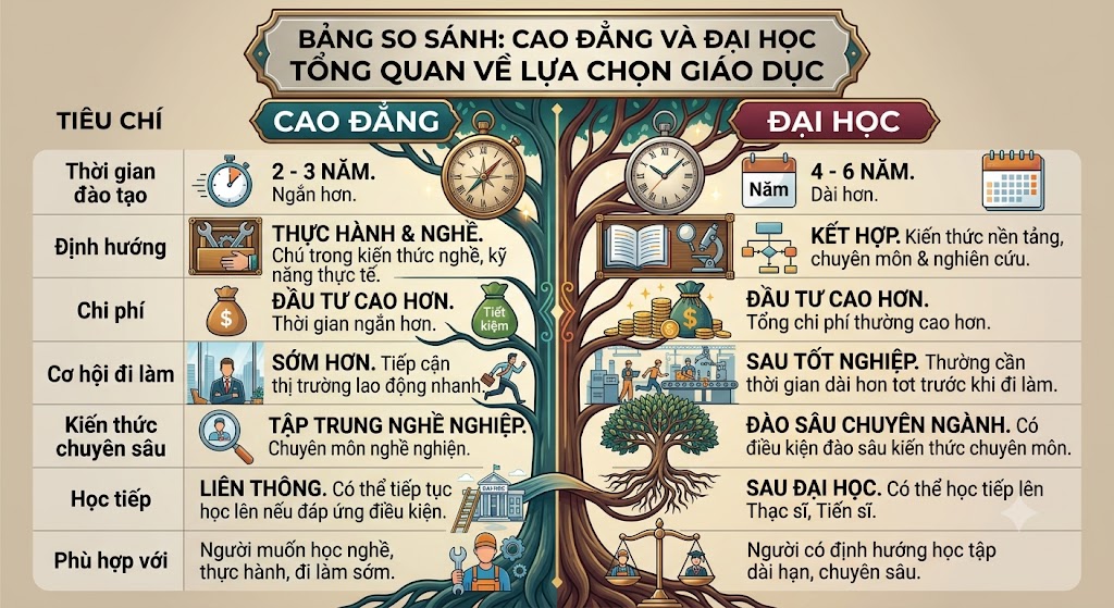 Bảng so sánh chi tiết giữa Cao đẳng và Đại học giúp học sinh cân nhắc tiêu chí về thời gian đào tạo, chi phí, định hướng thực hành hay nghiên cứu để đưa ra lựa chọn nghề nghiệp phù hợp.