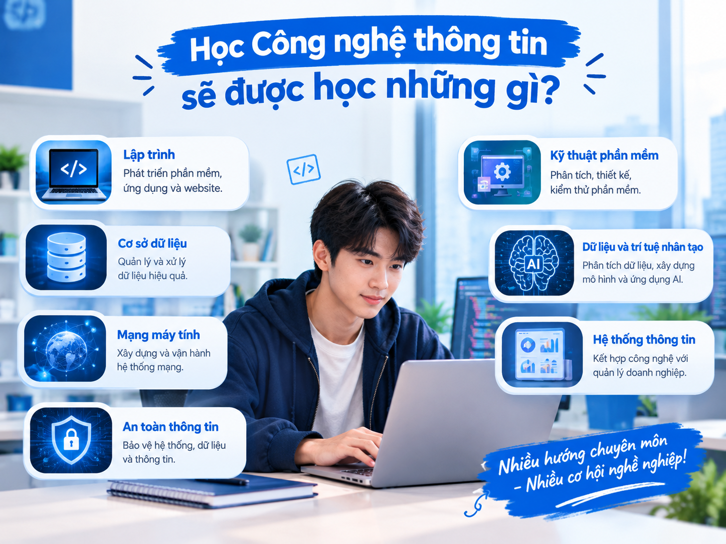 Học Công nghệ thông tin gồm lập trình, cơ sở dữ liệu và mạng máy tính