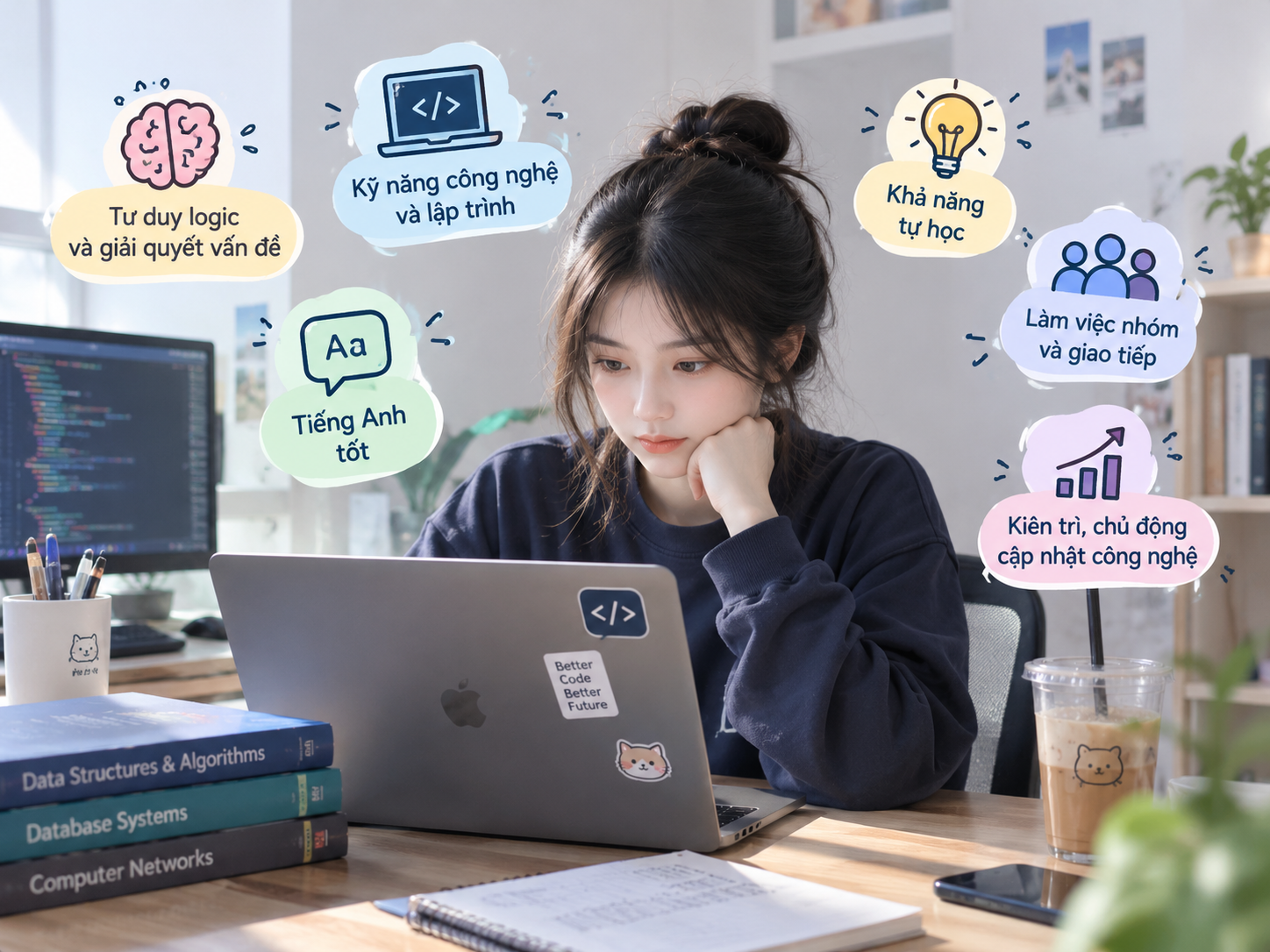 Hình ảnh minh họa những kỹ năng cần thiết khi học Khoa học máy tính như tư duy logic, lập trình, tiếng Anh, tự học và làm việc nhóm.