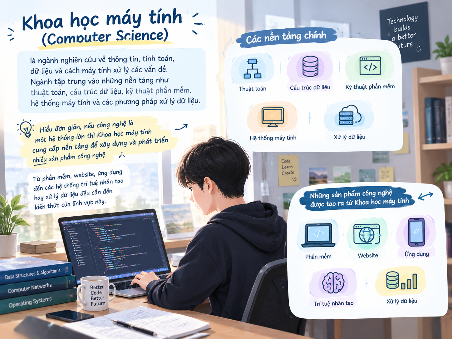 Hình ảnh minh họa ngành Khoa học máy tính và các lĩnh vực liên quan như lập trình, dữ liệu, trí tuệ nhân tạo và phát triển phần mềm.