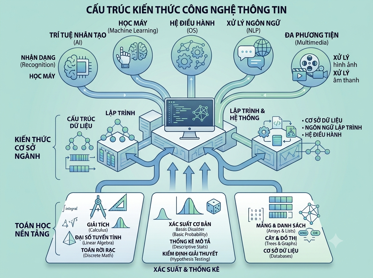 Minh họa các nhóm kiến thức trong ngành Khoa học máy tính gồm toán học, lập trình, cấu trúc dữ liệu, cơ sở dữ liệu, hệ điều hành và trí tuệ nhân tạo.