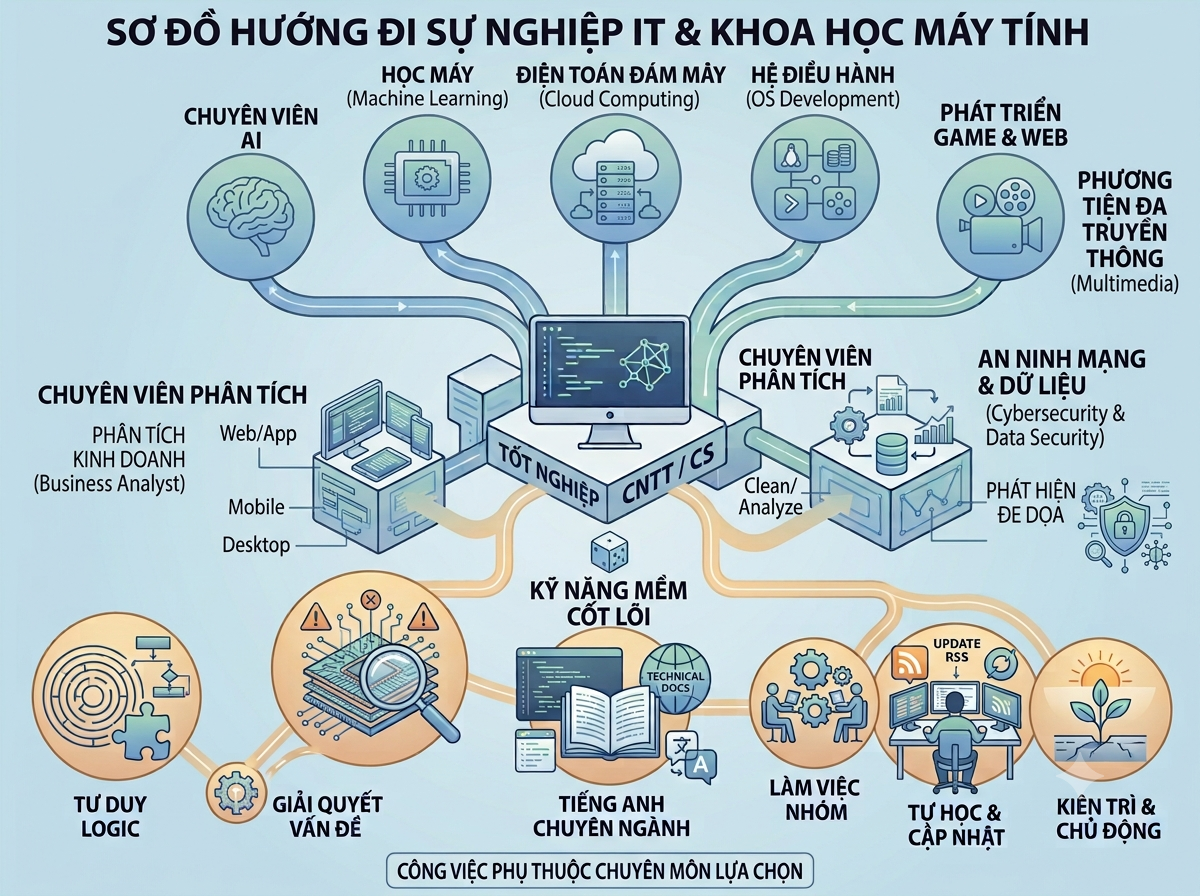 Minh họa các cơ hội nghề nghiệp sau khi học Khoa học máy tính như lập trình viên, kỹ sư AI, phân tích dữ liệu, an ninh mạng và điện toán đám mây.