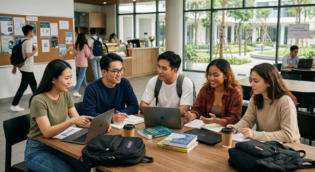 Môi trường thảo luận nhóm và học tập hiện đại tại một cơ sở giáo dục, tập trung vào việc trao đổi kiến thức và sử dụng công nghệ như máy tính xách tay và sách chuyên ngành.